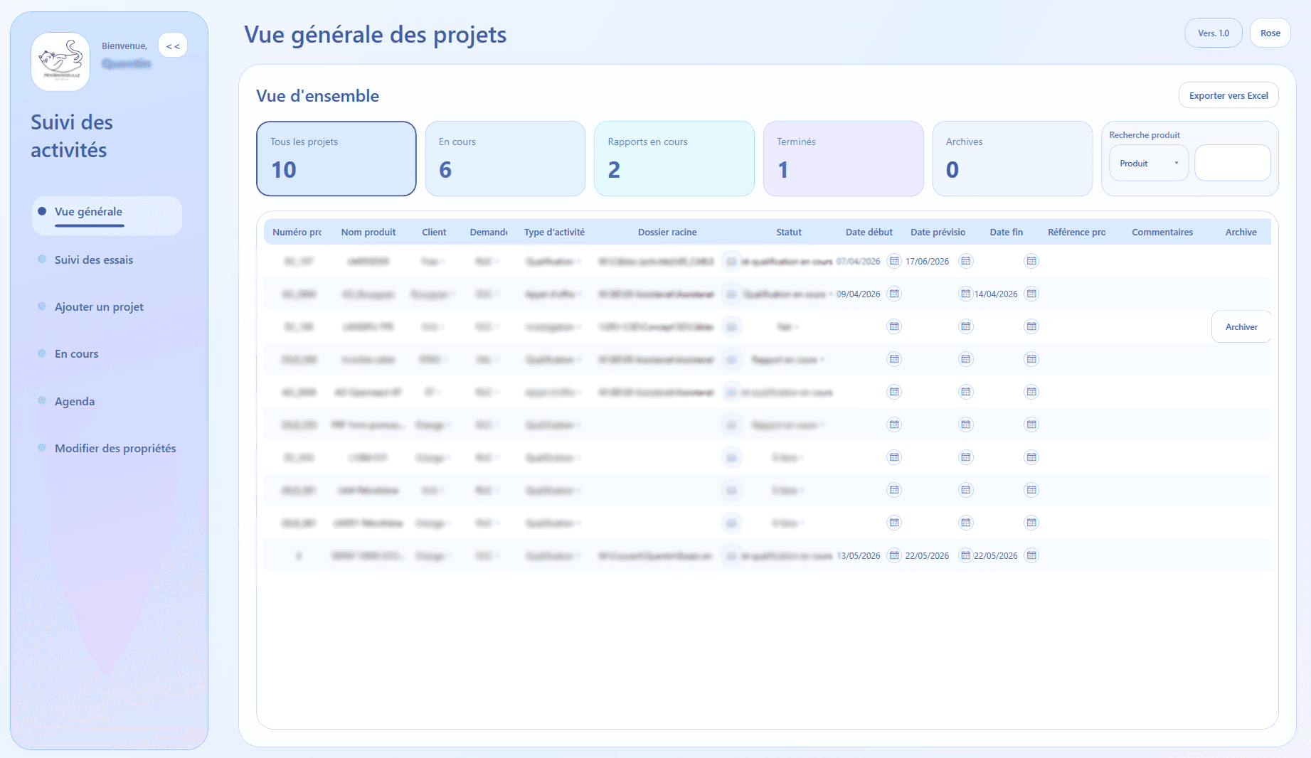 Capture d'écran de la page d'accueil de l'application de suivi des activités